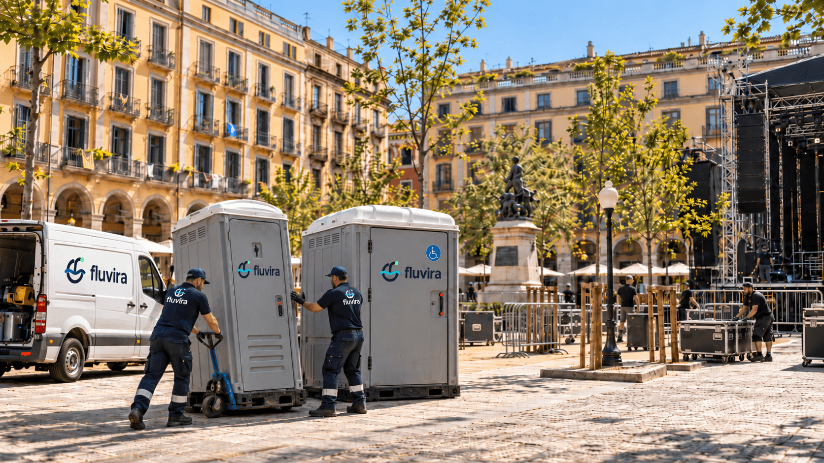 Representación de instalación de sanitarios portátiles para un evento público en Girona